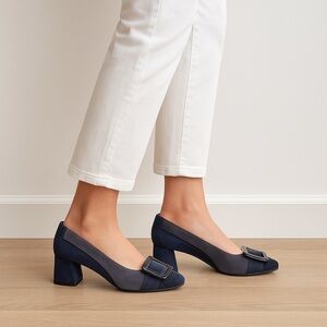 Brenda Zaro Navy Blue And Gray Suede Buckle Square‎ Toe Heel